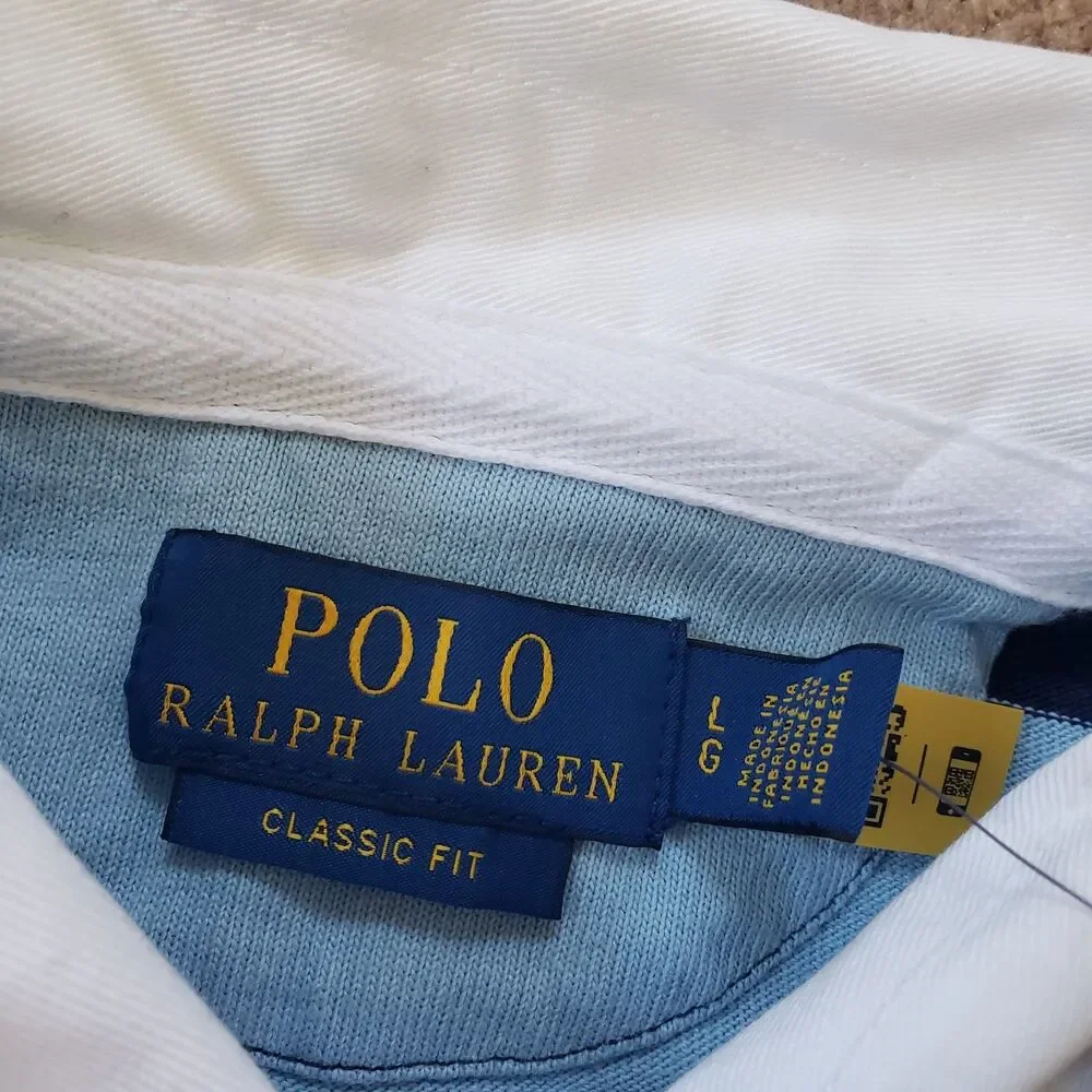 NWT Polo Ralph Lauren Light Blue & Navy Striped Sz Large Mens Rugby Long Sleeve